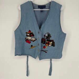Vintage Karen Scott Womens Blue Cotton Embroidered School Book Globe Vest Large
